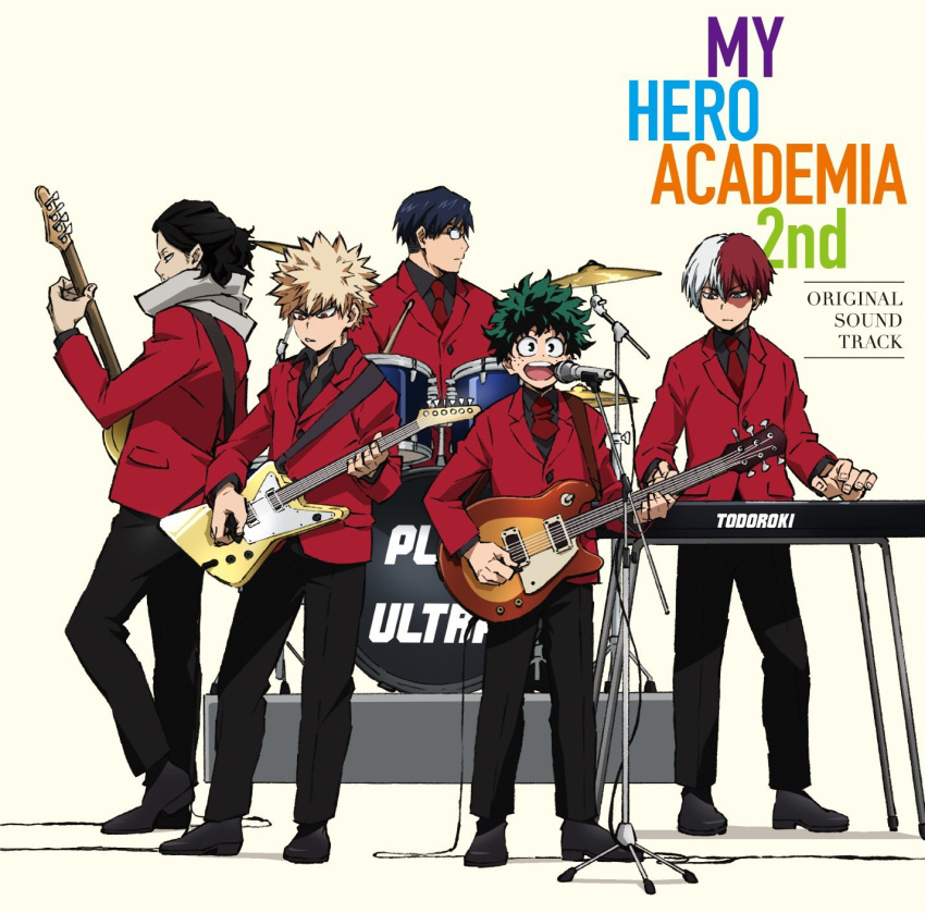 5boys aizawa_shouta album_cover bakugou_katsuki black_hair blonde_hair boku_no_hero_academia cover drum drum_set formal glasses green_hair highres iida_tenya instrument keyboard_(instrument) male_focus midoriya_izuku multicolored_hair multiple_boys music necktie official_art opaque_glasses playing_instrument red_necktie red_suit simple_background smile spiky_hair suit tan_background todoroki_shouto two-tone_hair