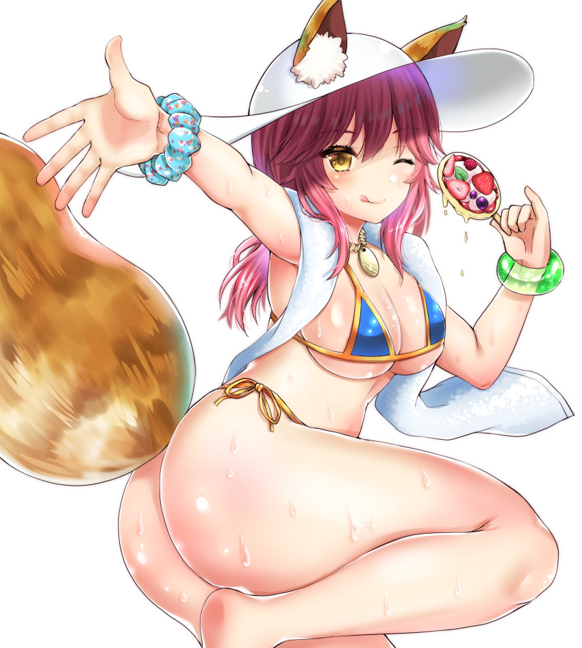 1girl :q absurdres animal_ears ass barefoot bikini blue_bikini breasts brown_eyes cleavage fate_(series) fox_ears fox_tail hat highres jewelry long_hair looking_at_viewer lying medium_breasts necklace on_side one_eye_closed pink_hair scrunchie solo sweat swimsuit tail tamamo_(fate)_(all) tamamo_no_mae_(swimsuit_lancer)_(fate) thighs tongue tongue_out yellow_bikini yuzuri_ai