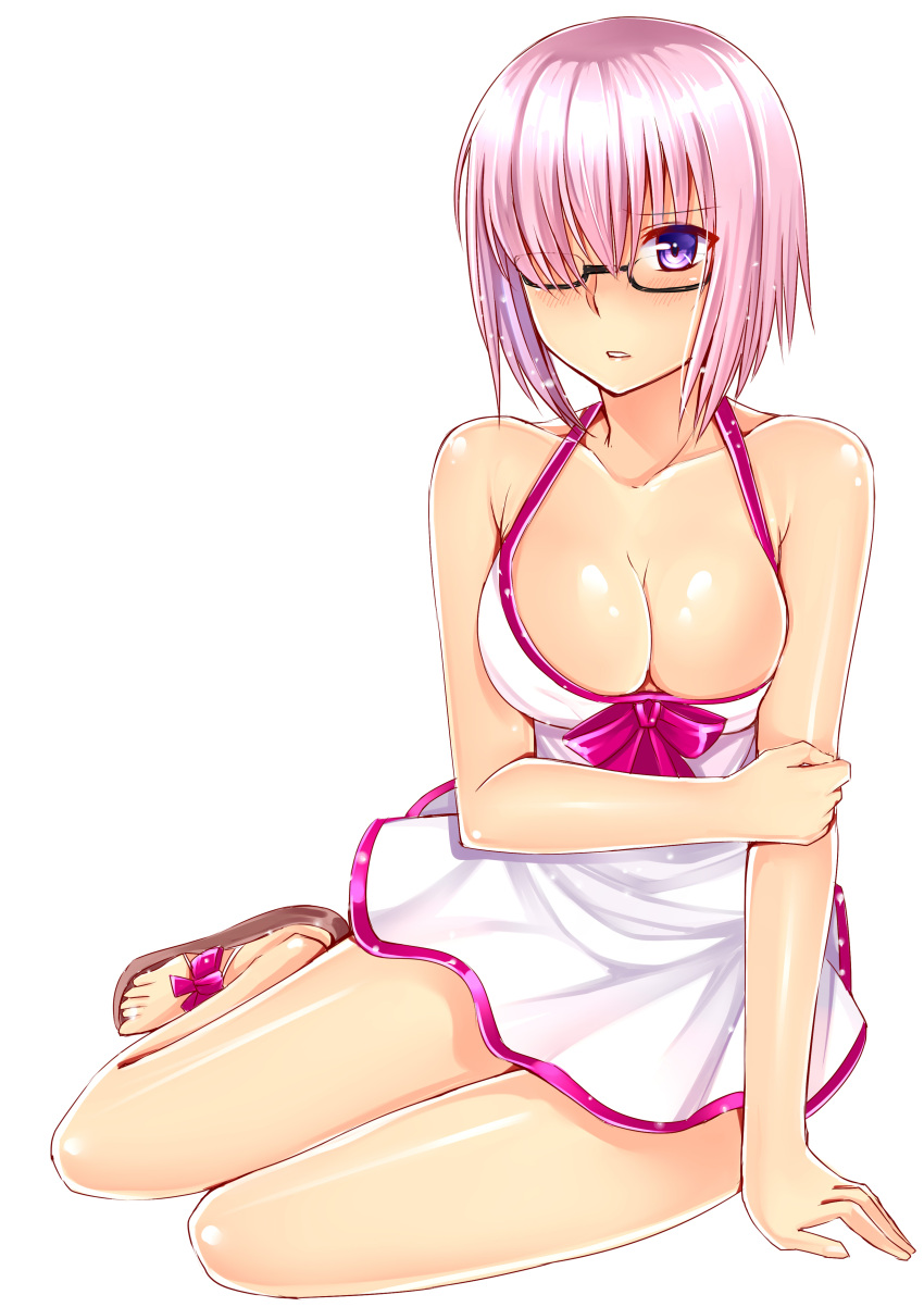 1girl absurdres bare_shoulders blush breasts cleavage collarbone eyebrows_visible_through_hair fate/grand_order fate_(series) flip-flops glasses gu_li hair_over_one_eye highres large_breasts looking_at_viewer parted_lips pink_hair sandals shielder_(fate/grand_order) short_hair sitting solo violet_eyes