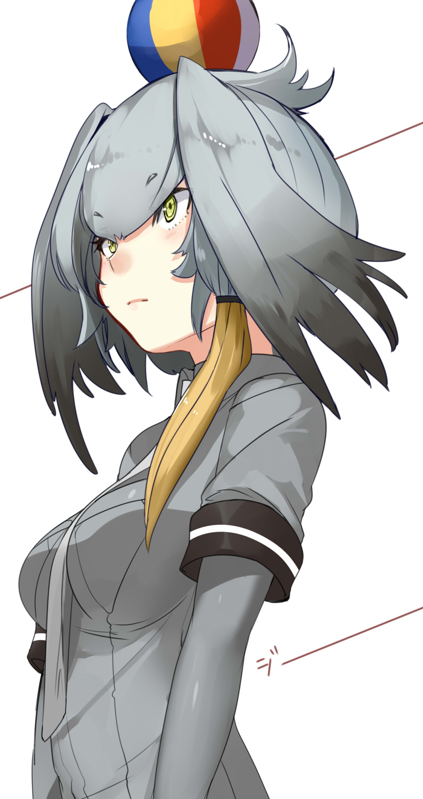 1girl absurdres akasaai balancing_on_head ball bangs belt between_breasts bodystocking breasts collared_shirt eyebrows_visible_through_hair feathers green_eyes hair_between_eyes head_wings highres kemono_friends medium_breasts necktie necktie_between_breasts shirt shoebill_(kemono_friends) short_sleeves shorts side_ponytail silver_hair simple_background solo upper_body white_background white_necktie