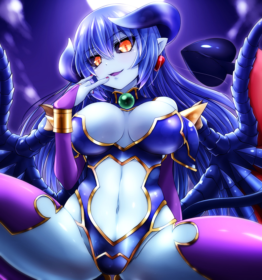 1girl astaroth_(shinrabanshou) black_sclera blue_hair blue_skin blush breasts breasts_apart bridal_gauntlets commentary_request demon_girl earrings eyebrows_visible_through_hair eyes_visible_through_hair gloves hair_between_eyes heart heart_earrings highres horns jewelry large_breasts leotard long_hair looking_at_viewer nail_polish navel navel_cutout open_mouth pointy_ears purple_gloves purple_legwear shinrabanshou solo spread_legs tail thigh-highs watarui wings yellow_eyes