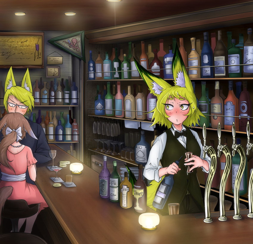 1boy 2girls absurdres alcohol animal_ears blonde_hair blush bottle bow bowtie brown_fur brown_hair commentary_request doitsuken fox_ears fox_girl fox_tail glasses hair_ribbon highres lamp looking_at_another looking_to_the_side multiple_girls original ponytail pub ribbon sitting standing sweatdrop tail thick_eyebrows white_ribbon wine_bottle yellow_eyes yellow_fur