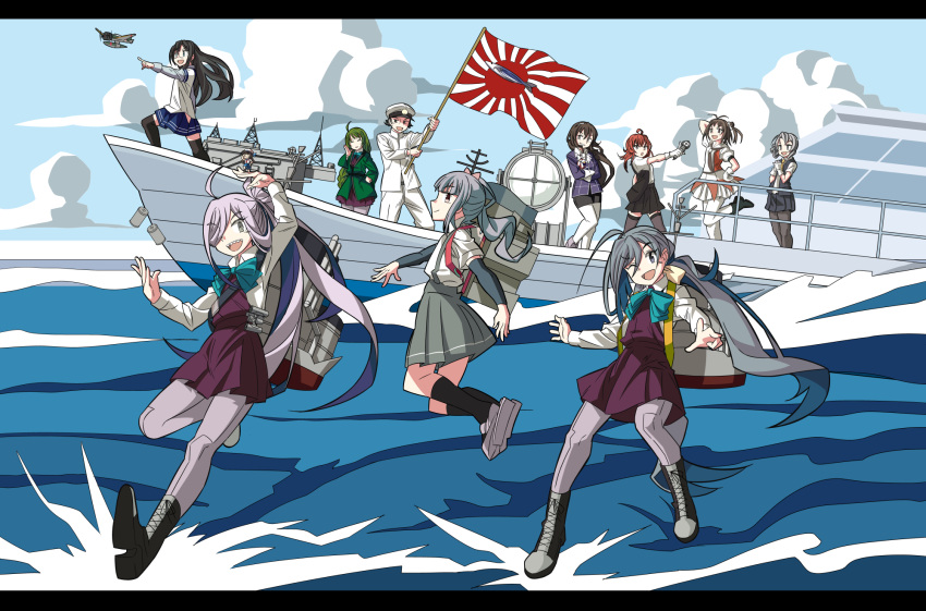 &gt;:d 10s 1boy 6+girls :d ;d admiral_(kantai_collection) ahoge antenna_hair antennae arashi_(kantai_collection) arm_warmers asashimo_(kantai_collection) ashigara_(kantai_collection) asymmetrical_hair backpack bag bangs black_hair black_legwear black_skirt blue_eyes blue_skirt boat boots bow bowtie breasts brown_eyes brown_hair closed_eyes cross-laced_footwear crossed_arms double_bun flipped_hair from_side glasses gloves green_hair grey_eyes grey_hair hair_over_one_eye hairband hand_behind_head hand_on_hip hand_on_own_face happi hat highres hip_vent holding holding_flag holding_microphone idol japanese_clothes kantai_collection kasumi_(kantai_collection) kiyoshimo_(kantai_collection) lace-up_boots long_hair low_twintails messy_hair microphone military military_uniform multiple_girls naka_(kantai_collection) naval_uniform ndkazh neckerchief nowaki_(kantai_collection) ocean one_eye_closed ooyodo_(kantai_collection) open_mouth pantyhose peaked_cap pencil_skirt pleated_skirt pointing pointing_forward purple_legwear radar radio_antenna randoseru redhead remodel_(kantai_collection) rising_sun school_uniform seaplane searchlight serafuku sharp_teeth shirt short_sleeves side_ponytail silver_hair skirt small_breasts smile sunburst suspenders swept_bangs teeth thigh-highs twintails uniform very_long_hair vest watercraft wavy_hair white_gloves white_shirt yellow_eyes yuugumo_(kantai_collection)