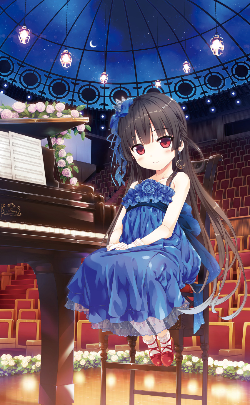 1boy 1girl absurdres bangs bare_shoulders blue_bow blue_dress blue_ribbon blunt_bangs blush bow brown_hair chair collarbone crescent crescent_earrings cura dress earrings eyebrows_visible_through_hair flower frilled_legwear frills full_body gloves grand_piano hachiroku_(maitetsu) hair_bow hair_ribbon hands_on_lap highres indoors instrument jewelry leaf long_hair looking_at_viewer maitetsu night night_sky piano plant red_eyes red_shoes ribbon rose sash sheet_music shoes sitting sky smile solo star_(sky) starry_sky strapless strapless_dress very_long_hair white_gloves white_legwear white_rose wooden_floor