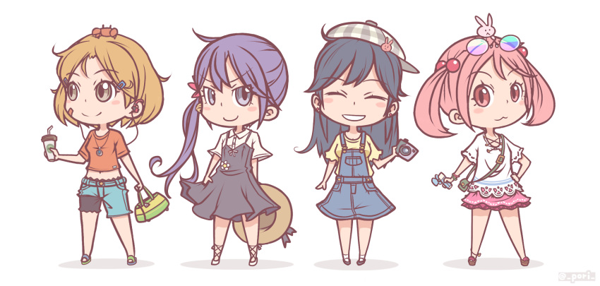 &gt;:) 10s 4girls :&lt; :3 :d ahoge akebono_(kantai_collection) animal animal_on_head bag bandaid bandaid_on_face bell black_dress blush_stickers brown_eyes bunny_hair_ornament camera casual chibi closed_eyes commentary_request crab crab_on_head dress earphones earrings flower full_body glasses_on_head hair_bell hair_bobbles hair_flower hair_ornament hairclip hand_on_hip handbag hat hat_removed head_tilt headwear_removed highres jewelry jingle_bell kantai_collection light_brown_hair long_hair looking_at_viewer looking_away multiple_girls oboro_(kantai_collection) on_head open_mouth overall_dress pendant pink_eyes pink_hair pori_(poritan81) purple_hair rabbit sazanami_(kantai_collection) short_hair shorts side_ponytail simple_background smile twintails ushio_(kantai_collection) violet_eyes white_background