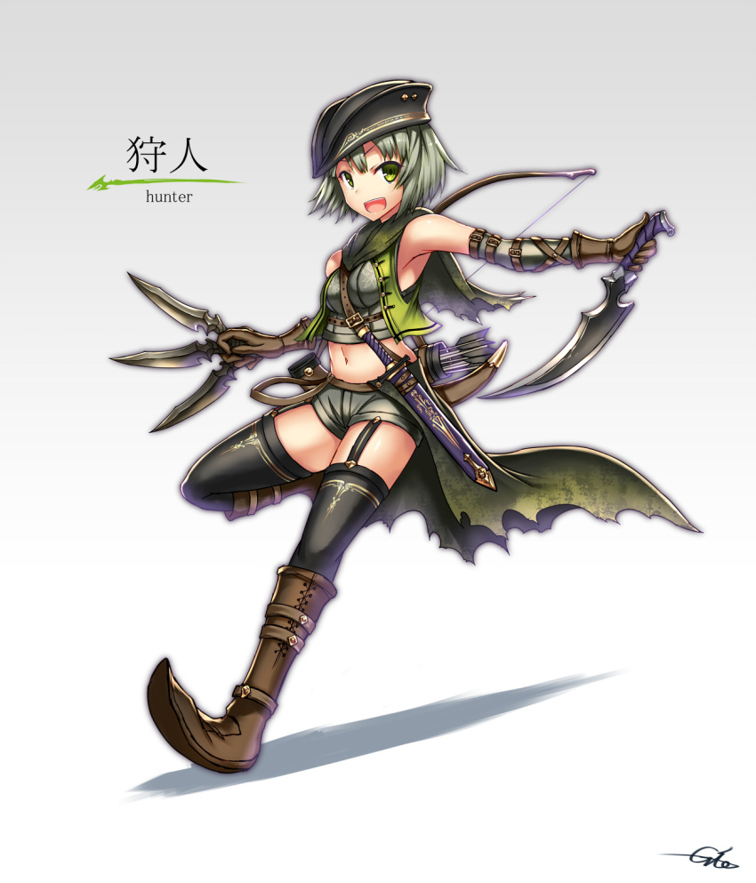 1girl arrow bare_shoulders black_legwear boots bow brown_boots brown_gloves cape dagger fantasy gia gloves gradient gradient_background green_cape green_eyes green_hair green_jacket grey_background hat highres jacket jumping leather leather_gloves looking_at_viewer midriff multiple_wielding navel original quiver scabbard shadow sheath short_sword shorts simple_background solo suspenders sword thigh-highs weapon weapon_on_back