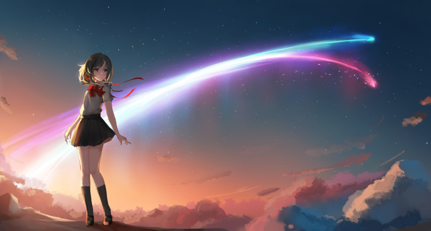 1girl bangs black_legwear black_skirt bow bowtie closed_mouth clouds cloudy_sky comet highres kimi_no_na_wa kneehighs loafers looking_to_the_side miyamizu_mitsuha pleated_skirt red_bow red_bowtie red_string scenery school_uniform shirt shoes shooting_star short_sleeves sidelocks skirt sky solo standing star_(sky) starry_sky storia string twilight white_shirt