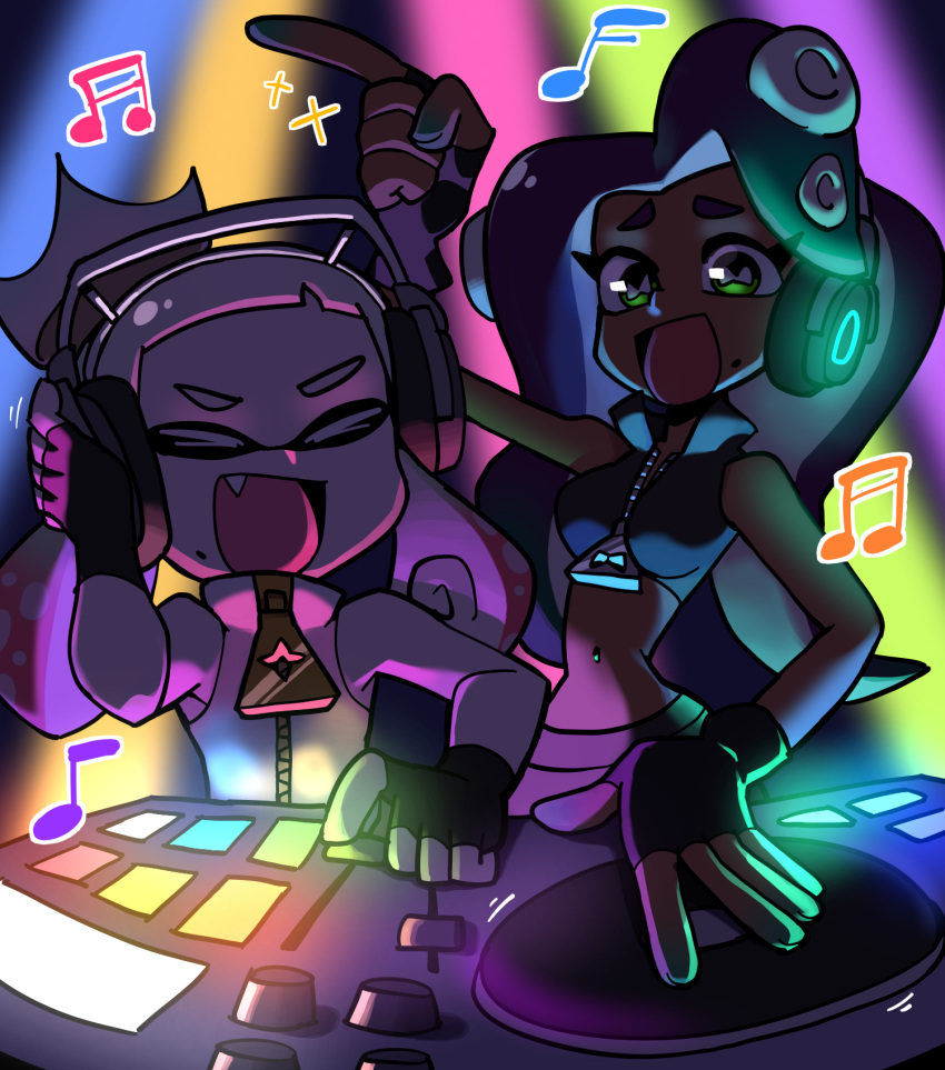 2girls black_hair closed_eyes commentary_request dark_skin domino_mask fang headphones high_contrast highres lkll marina_(splatoon) mask midriff mole mole_under_mouth multiple_girls musical_note open_mouth pearl_(splatoon) phonograph smile splatoon splatoon_2 symbol-shaped_pupils tentacle_hair turntable white_hair