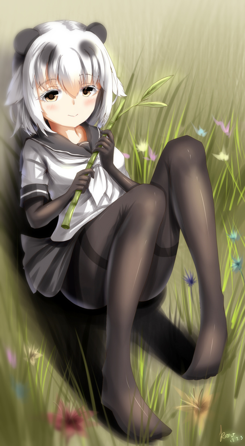 absurdres artist_name bamboo black_gloves black_legwear blush commentary_request dated day elbow_gloves flower full_body giant_panda_(kemono_friends) gloves grass hair_between_eyes hair_flaps highres holding karv kemono_friends looking_at_viewer nature no_shoes on_ground outdoors panda_ears pantyhose sailor_collar school_uniform serafuku short_hair short_sleeves signature sitting skirt smile thighband_pantyhose white_hair yellow_eyes