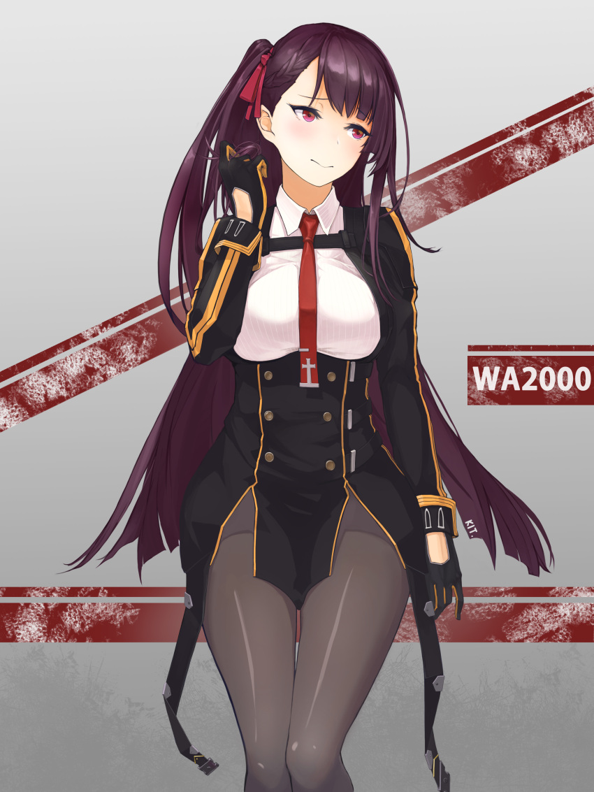 1girl absurdres arm_at_side artist_name bangs black_gloves black_legwear blunt_bangs blush breasts buttons character_name closed_mouth collared_shirt cowboy_shot cross dress_shirt eyebrows_visible_through_hair girls_frontline gloves hair_ribbon hair_twirling hand_up highres kit_park large_breasts long_hair long_sleeves looking_to_the_side necktie pantyhose petals purple_hair red_eyes red_necktie red_ribbon ribbed_shirt ribbon shirt side_ponytail side_ribbon solo standing strap underbust very_long_hair wa2000_(girls_frontline) white_shirt