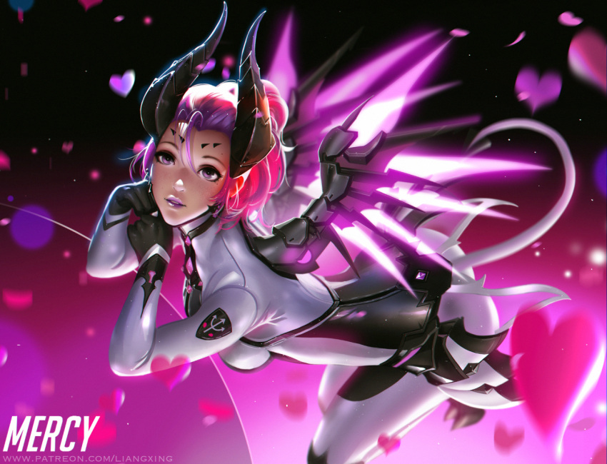 1girl alternate_costume alternate_hair_color character_name demon_girl demon_tail heart horns imp_mercy liang_xing looking_at_viewer mechanical_wings mercy_(overwatch) overwatch parted_lips purple_hair solo tail wings