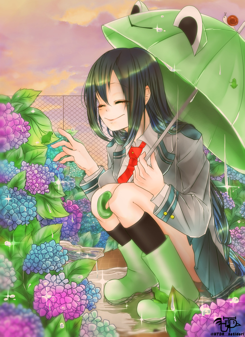 1girl absurdres asui_tsuyu black_hair black_legwear boku_no_hero_academia boots closed_eyes day fence flower frog highres htdr_hatidori hydrangea kneehighs long_hair low-tied_long_hair necktie outdoors puddle red_necktie rubber_boots school_uniform smile snail solo squatting twitter_username umbrella very_long_hair watermark