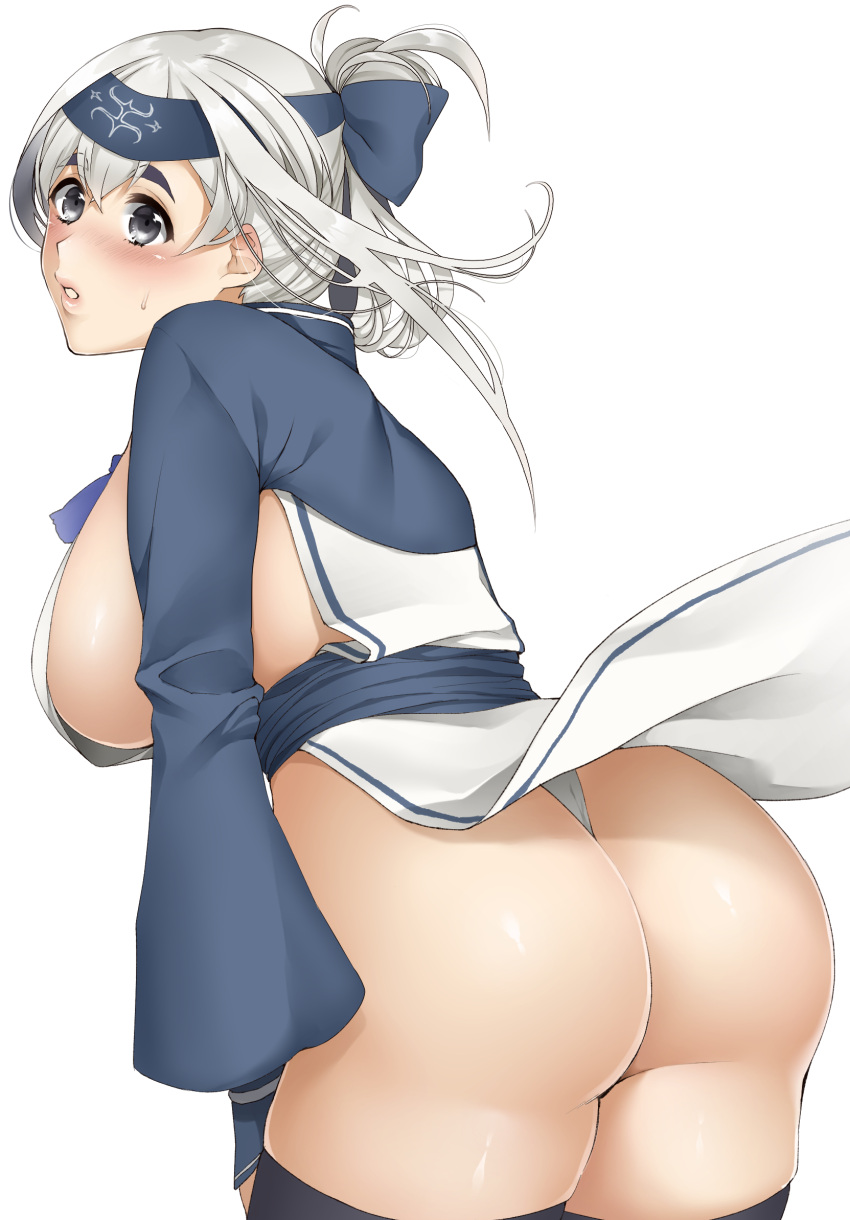 10s 1girl ass black_legwear blush breasts eyebrows grey_eyes highres kamoi_(kantai_collection) kantai_collection large_breasts long_hair miyotarou parted_lips sideboob silver_hair simple_background solo sweatdrop thigh-highs thighs thong tied_hair white_background