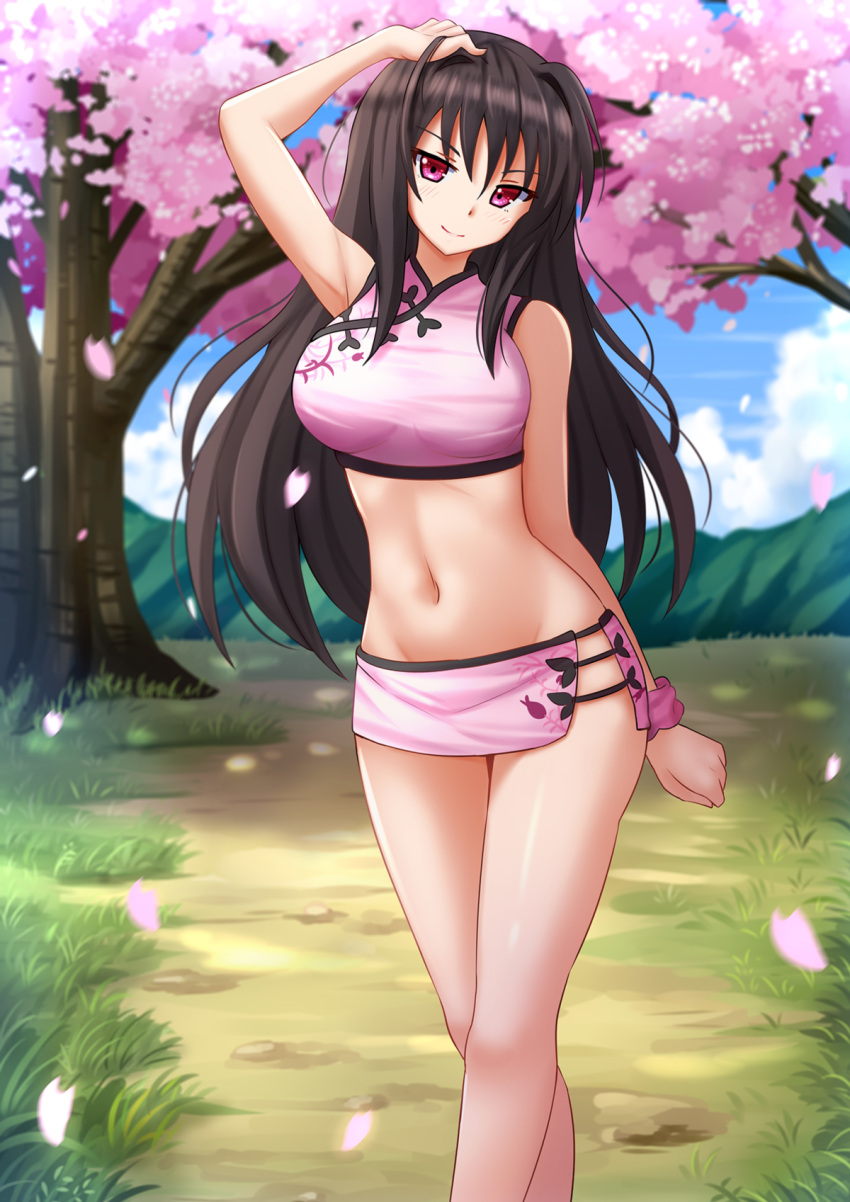&gt;:) 1girl arm_up bangs bare_arms bare_legs bare_shoulders black_hair blush breasts cherry_blossoms chinese_clothes closed_mouth cowboy_shot day groin high_school_dxd highres kazenokaze large_breasts long_hair looking_at_viewer miniskirt navel outdoors petals raynare red_eyes skirt smile solo stomach