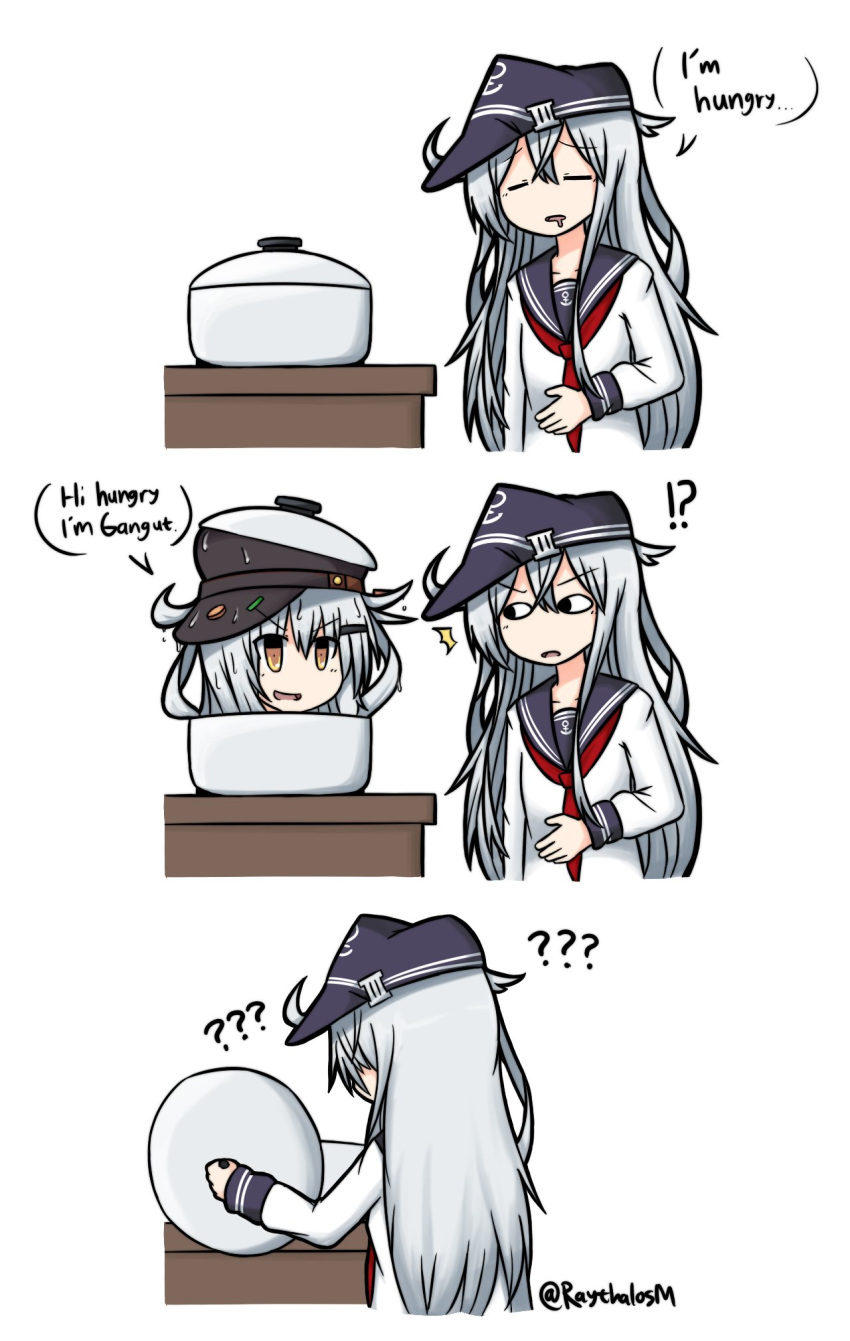 10s 2girls artist_name english flat_cap gangut_(kantai_collection) hat hibiki_(kantai_collection) highres in_pot kantai_collection long_hair multiple_girls pot raythalosm school_uniform serafuku white_hair