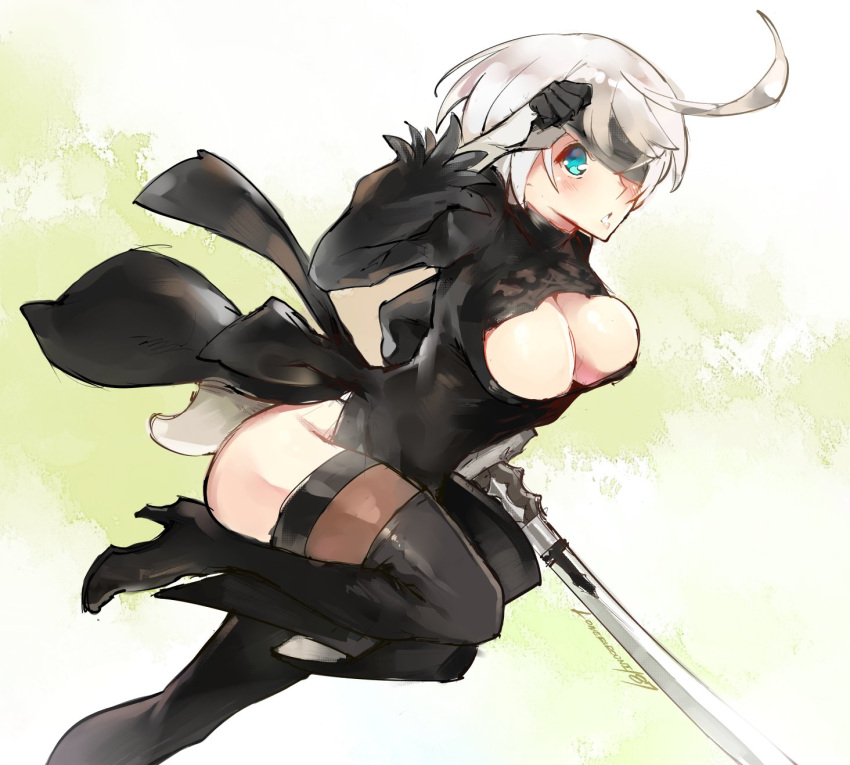 1girl ahoge alternate_hair_color black_dress blindfold blindfold_lift blue_eyes blush boots breasts cleavage commentary cosplay dress elphelt_valentine guilty_gear guilty_gear_xrd high_heel_boots high_heels highres huge_ahoge kenshin187 large_breasts long_sleeves nier_(series) nier_automata one_eye_covered running sheer_legwear short_hair silver_hair solo spoilers sword thigh-highs thigh_boots thighhighs_under_boots weapon yorha_no._2_type_b yorha_no._2_type_b_(cosplay)