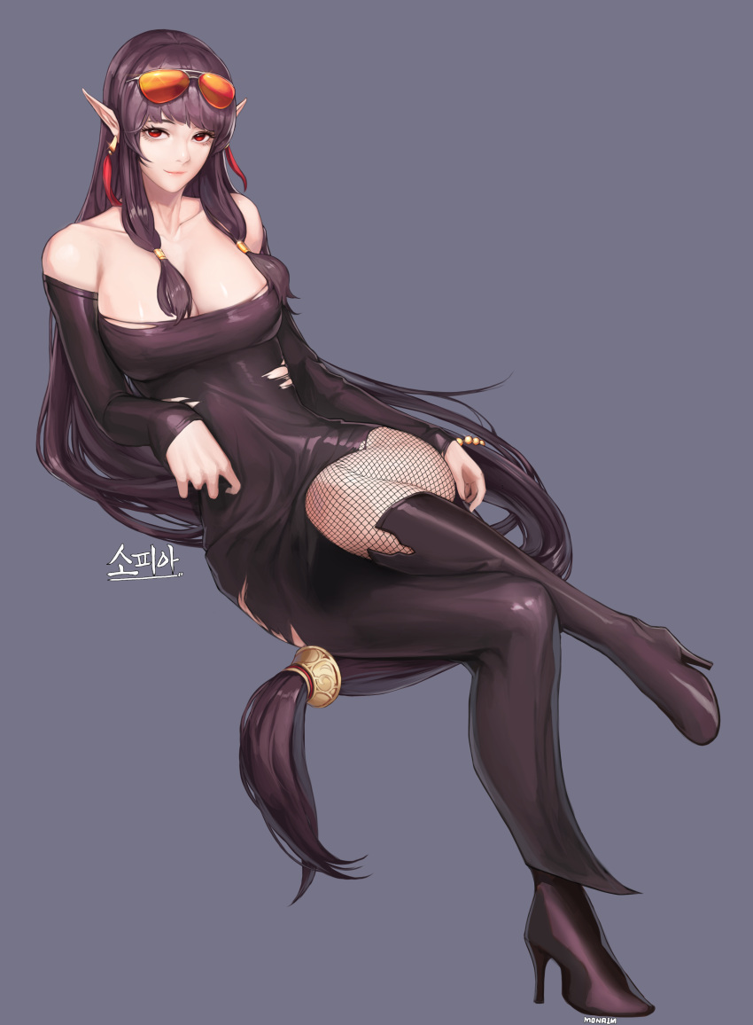 1girl absurdres bangs black_boots black_dress black_hair boots breasts cleavage closed_mouth collarbone detached_sleeves dress dungeon_and_fighter earrings elf fishnet_legwear fishnets full_body hair_tubes high_heels highres jewelry large_breasts long_hair looking_at_viewer low-tied_long_hair monaim pointy_ears red_eyes sidelocks smile solo strapless strapless_dress sunglasses sunglasses_on_head thief_(dungeon_and_fighter) thigh-highs thigh_boots torn_clothes torn_dress tube_dress very_long_hair