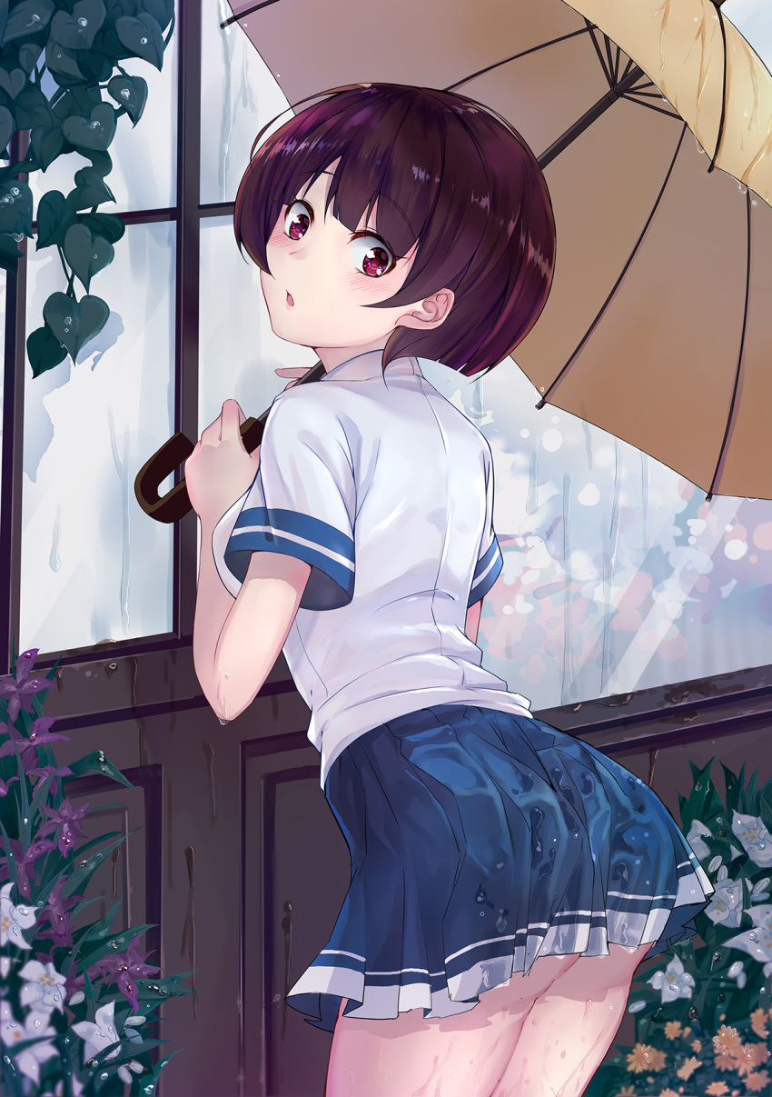 1girl ass black_hair blue_skirt blush character_request copyright_request eyebrows_visible_through_hair highres holding holding_umbrella looking_at_viewer luo_jie parted_lips red_eyes short_hair skirt solo umbrella wet wet_clothes wet_skirt window