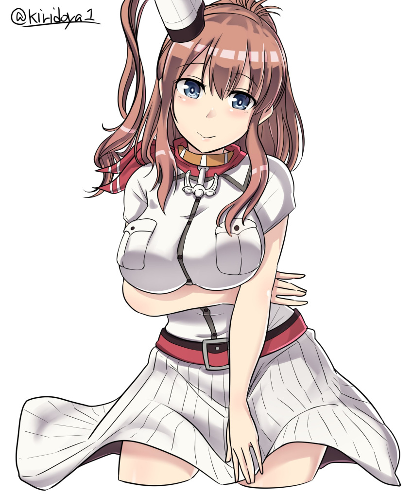 10s 1girl absurdres anchor blue_eyes breast_pocket breasts brown_hair cowboy_shot dress hair_between_eyes highres kantai_collection kiritto large_breasts long_hair looking_at_viewer neckerchief pocket ponytail red_neckerchief saratoga_(kantai_collection) side_ponytail sidelocks simple_background solo standing white_background white_dress