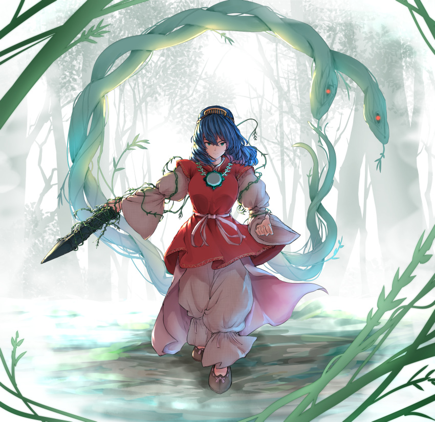 1girl absurdres eyebrows_visible_through_hair green_eyes highres holding holding_sword holding_weapon kushidama_minaka looking_at_viewer plant purple_hair serpent short_hair solo sword touhou vines weapon yasaka_kanako