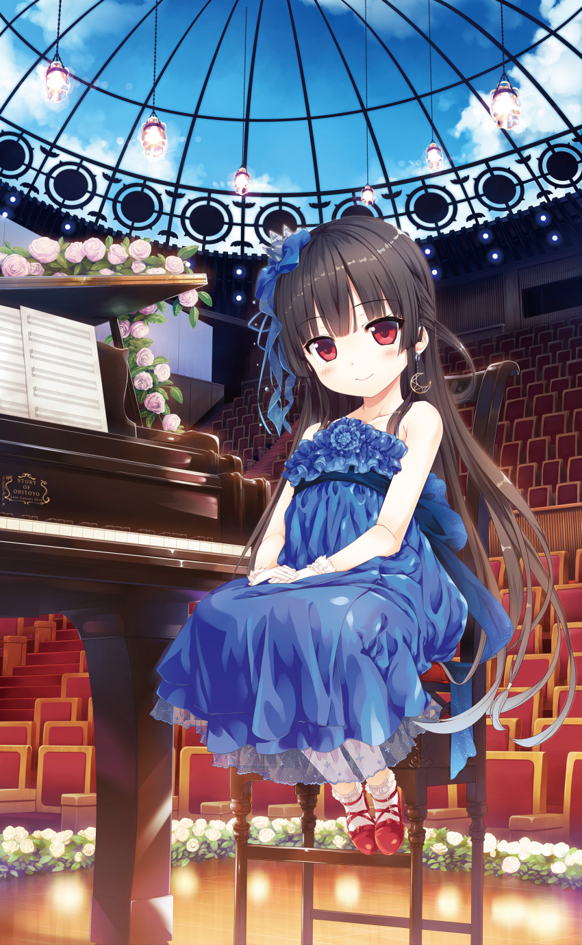 1boy 1girl absurdres bangs bare_shoulders blue_bow blue_dress blue_ribbon blue_sky blunt_bangs blush bow brown_hair chair clouds cloudy_sky collarbone crescent crescent_earrings cura day dress earrings eyebrows_visible_through_hair flower frilled_legwear frills full_body gloves grand_piano hachiroku_(maitetsu) hair_bow hair_ribbon hands_on_lap highres indoors instrument jewelry leaf long_hair looking_at_viewer maitetsu piano plant red_eyes red_shoes ribbon rose sash sheet_music shoes sitting sky smile solo strapless strapless_dress very_long_hair white_gloves white_legwear white_rose wooden_floor