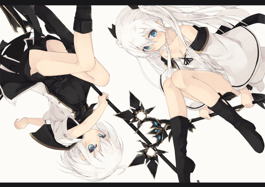 2girls ahoge bangs bare_shoulders bent_knees blue_eyes blush boots bow breasts cleavage collarbone hair_between_eyes hair_bow holding long_hair looking_at_viewer multiple_girls nagishiro_mito off_shoulder original shoes short_hair simple_background smile twintails white_background white_hair