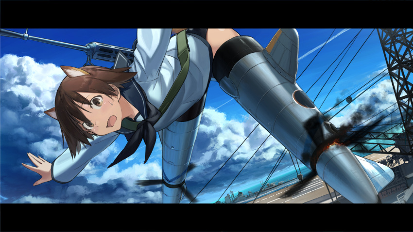 1girl aircraft_carrier animal_ears brown_eyes brown_hair clouds dog_ears flying gun kirii letterboxed long_sleeves looking_at_viewer military military_vehicle miyafuji_yoshika open_mouth outstretched_arms propeller school_swimsuit school_uniform serafuku ship short_hair sky smoke solo strike_witches striker_unit sweatdrop swimsuit swimsuit_under_clothes warship watercraft weapon weapon_request world_witches_series