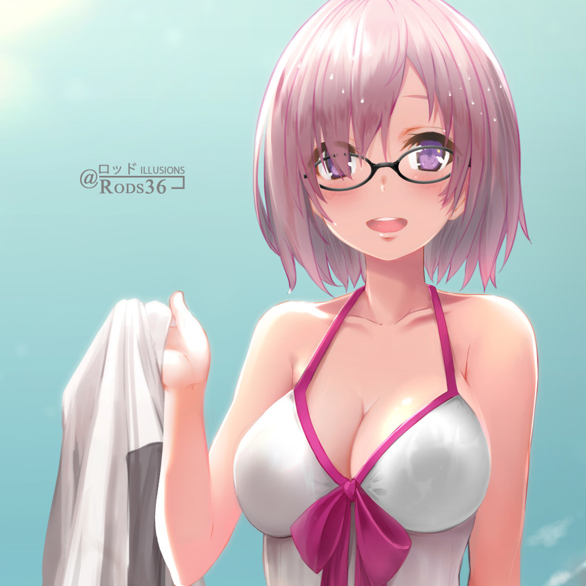 1girl artist_name bangs black-framed_eyewear blush breasts cleavage day fate/grand_order fate_(series) glasses hair_over_one_eye hand_up highres holding large_breasts open_mouth outdoors purple_hair rods see-through shielder_(fate/grand_order) smile solo twitter_username upper_body violet_eyes wading wet wet_clothes