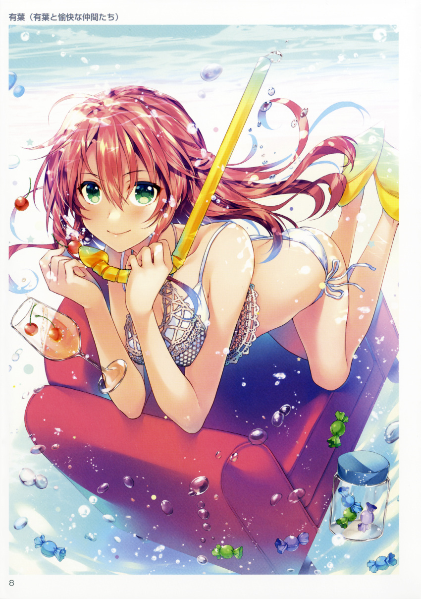 1girl absurdres bangs bare_shoulders breasts candy cherry couch eyebrows_visible_through_hair flippers floating_hair food fruit glass green_eyes highres holding jar long_hair looking_at_viewer medium_breasts original pink_hair scan smile snorkel submerged swimsuit toranoana