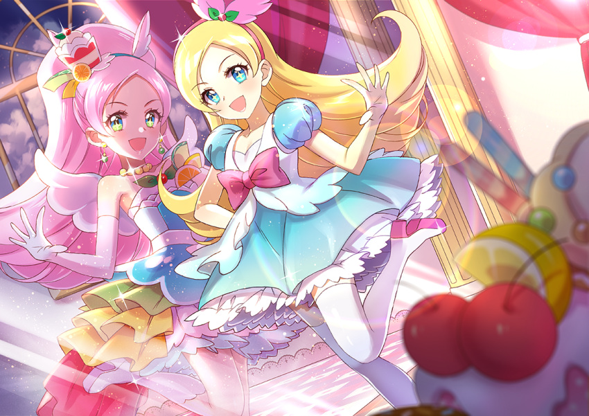 2girls :d bare_shoulders blonde_hair blue_eyes blue_skirt cake_hair_ornament cure_parfait dual_persona elbow_gloves food_themed_hair_ornament frilled_skirt frills gloves green_eyes hair_ornament hairband hoshi_(xingspresent) jewelry kirahoshi_ciel kirakira_precure_a_la_mode long_hair looking_at_viewer magical_girl multicolored multicolored_eyes multiple_girls necklace open_mouth parfait pink_hair pink_hairband ponytail precure puffy_sleeves skirt smile sparkling_eyes standing standing_on_one_leg thigh-highs white_gloves white_legwear wings zettai_ryouiki