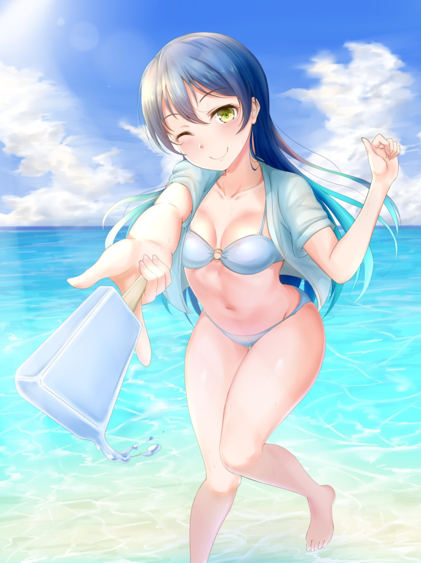 1girl barefoot beach bikini blue_hair clouds day dress_shirt food foreshortening highres long_hair looking_at_viewer love_live! love_live!_school_idol_project o-ring_bikini o-ring_top open_clothes open_shirt outdoors popsicle rama_(yu-light8) shirt sky solo sonoda_umi swimsuit wading white_bikini yellow_eyes