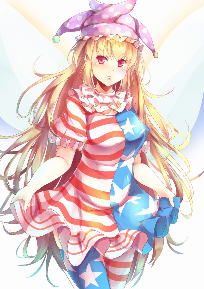 &gt;:3 1girl :3 alternate_breast_size american_flag_dress american_flag_legwear blonde_hair breasts clownpiece cowboy_shot curtsey dress fairy_wings frills hat highres jester_cap kanzakietc large_breasts long_hair looking_at_viewer magenta_eyes neck_ruff older polka_dot_hat purple_hat short_dress short_sleeves simple_background skirt_hold smile solo thigh-highs touhou very_long_hair white_background wings
