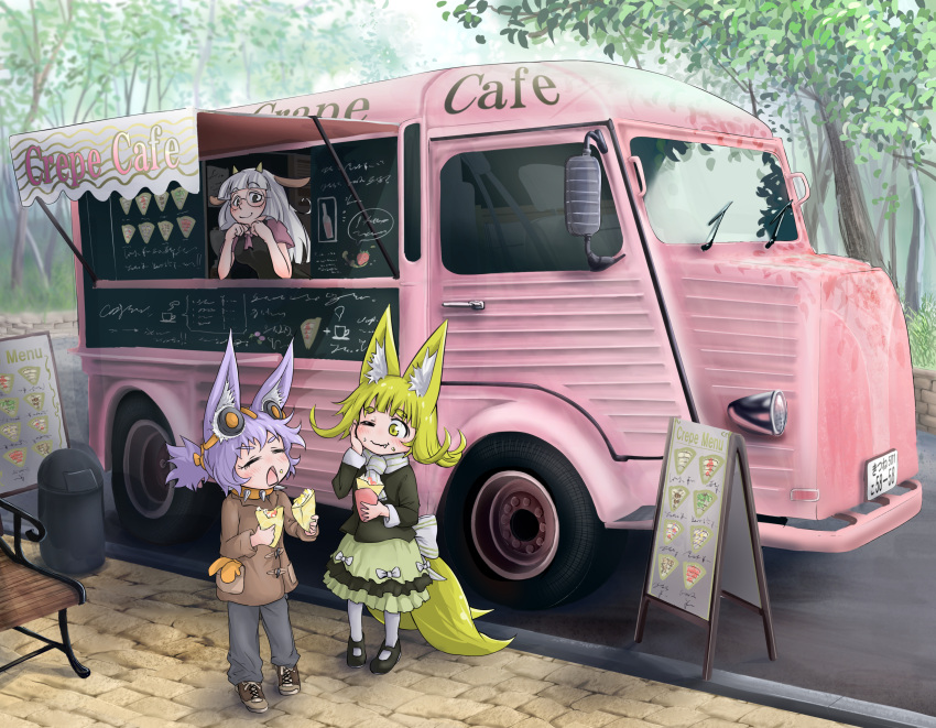 3girls absurdres animal_ears blonde_hair blue_pants brown_clothes child closed_eyes collar cow_ears cow_girl crepe doitsuken dress eating fang food food_truck fox_ears fox_tail hand_on_own_cheek headphones highres horns multiple_girls multiple_tails one_eye_closed original pants pantyhose purple_hair ribbon road smile spiked_collar spikes tail white_hair white_ribbon yellow_fur