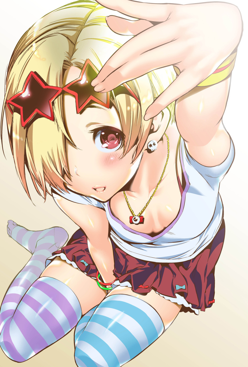 10s 1girl :d between_legs blonde_hair blue_bow blush bow bracelet breasts cleavage commentary_request earrings eyeball from_above glasses_on_head gradient gradient_background hair_over_one_eye hand_between_legs highres idolmaster idolmaster_cinderella_girls idolmaster_cinderella_girls_starlight_stage jewelry looking_up mismatched_legwear necklace one_eye_covered open_mouth outstretched_arm red_bow red_eyes red_skirt shigaoka shirasaka_koume shirt short_hair short_sleeves sitting skirt skull_earrings small_breasts solo star-shaped_glasses striped striped_legwear sunglasses thigh-highs thighs white_shirt yokozuwari zettai_ryouiki