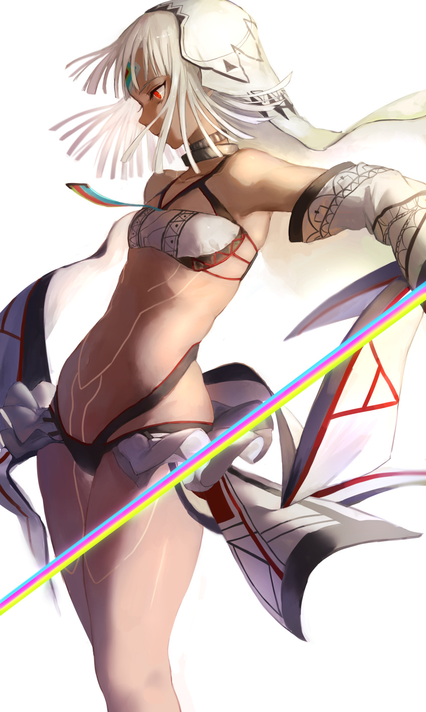 1girl absurdres altera_(fate) bandeau bare_shoulders dark_skin detached_sleeves fate/grand_order fate_(series) highres holding holding_sword holding_weapon hoojiro midriff navel profile red_eyes simple_background solo stomach sword tattoo veil weapon white_background white_hair