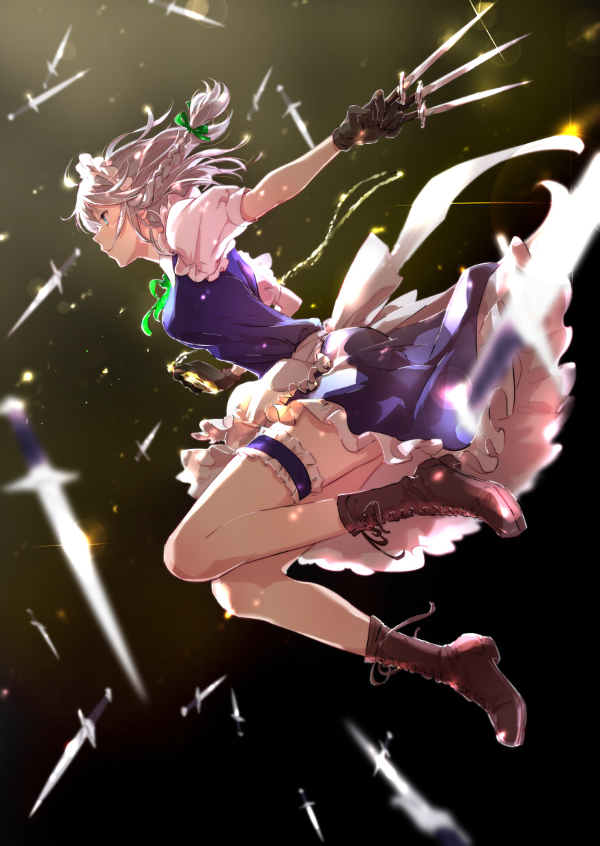 1girl 9901 apron arched_back arm_behind_back between_fingers black_background black_gloves blue_eyes blurry boots braid breasts chains cross-laced_footwear depth_of_field expressionless folded_leg from_side garters glint gloves highres izayoi_sakuya jumping knife light_particles looking_to_the_side maid_headdress pocket_watch profile puffy_short_sleeves puffy_sleeves ribbon short_hair short_sleeves silver_hair skirt skirt_set solo touhou twin_braids waist_apron watch wind