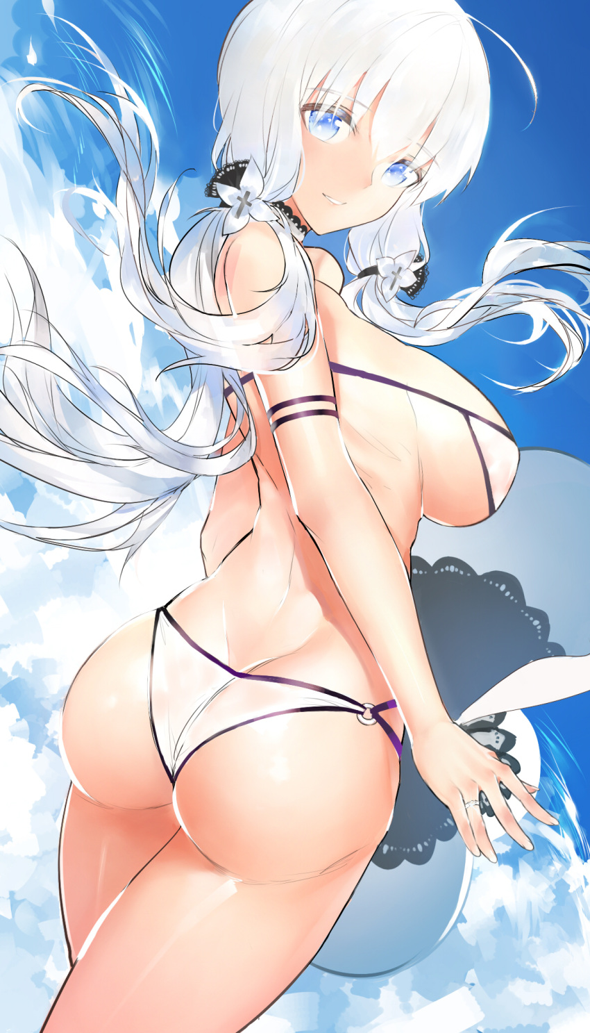 1girl :d ahoge arm_at_side arm_strap ass back bangs bare_shoulders bikini bilan_hangxian black_bow blue_eyes blue_sky bow breasts butt_crack choker clouds cloudy_sky cowboy_shot eyebrows_visible_through_hair flower from_behind hair_between_eyes hair_bow hair_flower hair_ornament hat highres holding holding_hat horz illustrious_(bilan_hangxian) jewelry lace-trimmed_bow lace-trimmed_choker lace_trim large_breasts legs_together long_hair looking_at_viewer looking_back low_twintails o-ring_bikini o-ring_bottom open_mouth outdoors ring sideboob sky smile solo swimsuit teeth twintails twisted_torso wedding_band white_bikini white_choker white_flower white_hair