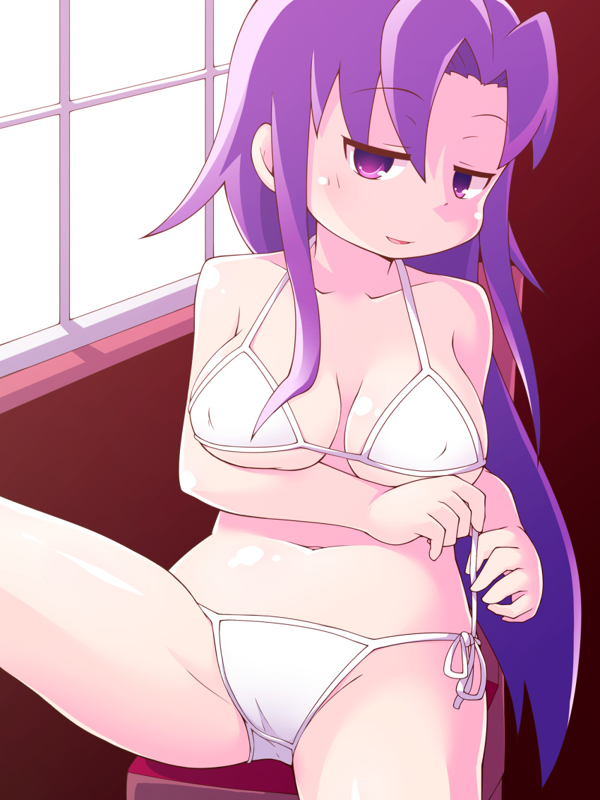 1girl blush breasts cleavage collarbone eyebrows_visible_through_hair goshiki_agiri highres jinnouchi_akira kill_me_baby large_breasts looking_at_viewer navel parted_lips purple_hair sitting smile solo violet_eyes