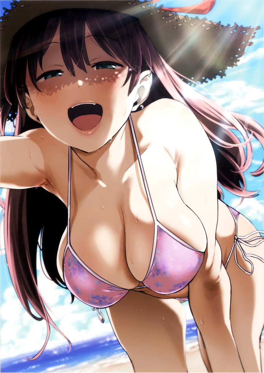 1girl :d absurdres arm_up armpits beach bent_over bikini blue_eyes blush breasts cleavage collarbone cowboy_shot day dutch_angle gluteal_fold half-closed_eyes hat hat_ribbon highres large_breasts long_hair looking_at_viewer open_mouth outdoors pija_(pianiishimo) pink_bikini purple_hair ribbon scan side-tie_bikini smile solo strap_gap straw_hat sun_hat sunlight sweat swimsuit toranoana