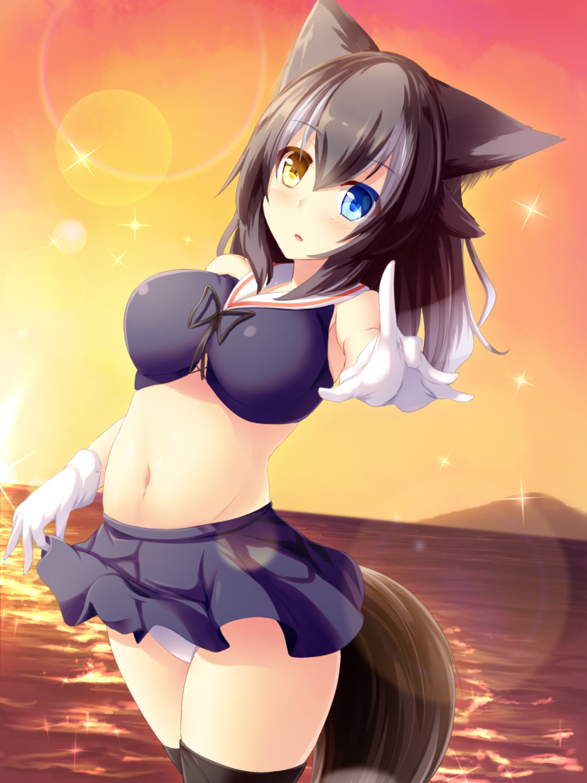 1girl animal_ears black_hair black_legwear blue_eyes blush breasts gloves grey_wolf_(kemono_friends) heterochromia highres kemono_friends large_breasts liya long_hair looking_at_viewer midriff multicolored_hair navel necktie ocean open_mouth outdoors panties sailor_collar skirt solo swimsuit tail thigh-highs twilight two-tone_hair underwear wolf_ears wolf_tail yellow_eyes