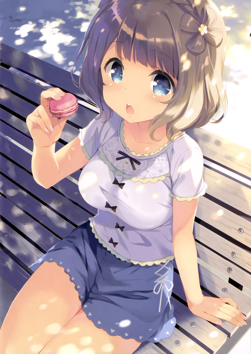 1girl absurdres arm_at_side bangs bench black_bow blue_eyes blue_skirt blunt_bangs blush bow breasts brown_hair collarbone cowboy_shot dappled_sunlight day eyebrows_visible_through_hair fingernails flower girlish_number hair_flower hair_ornament hand_up highres holding kugayama_yae legs_together long_fingernails looking_at_viewer medium_breasts miniskirt nail_polish ohara_tometa open_mouth outdoors pink_nails platinum_blonde shade shirt short_hair short_sleeves sitting sitting_on_bench skirt solo sunlight tree_shade upper_teeth white_shirt