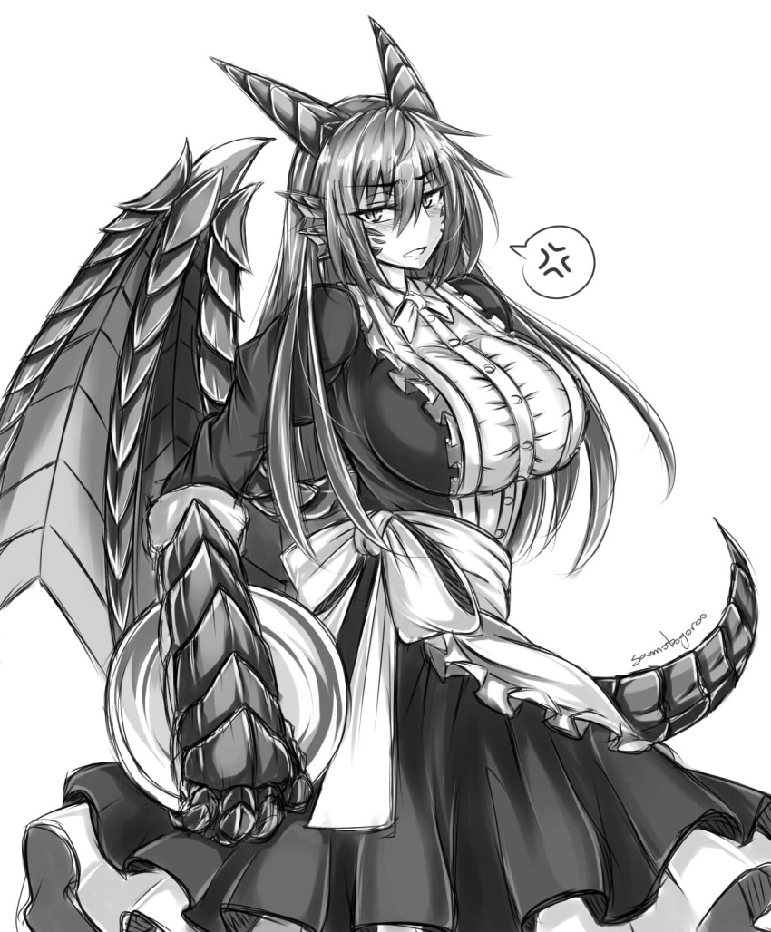 1girl alternate_costume apron blush breasts dragon dragon_(monster_girl_encyclopedia) dragon_girl enmaided frills greyscale highres horns large_breasts long_hair looking_at_viewer maid maid_apron monochrome monster_girl monster_girl_encyclopedia open_mouth sanmotogoroo scales skirt solo tail wings