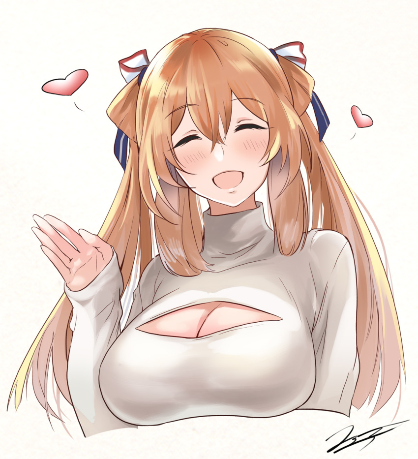1girl ^_^ bangs blush closed_eyes cropped_torso eyebrows_visible_through_hair facing_viewer girls_frontline hair_between_eyes hand_up heart highres long_hair m1903_springfield_(girls_frontline) open_mouth sidelocks signature simple_background sleeves_past_wrists smile snowru solo upper_body waving white_background