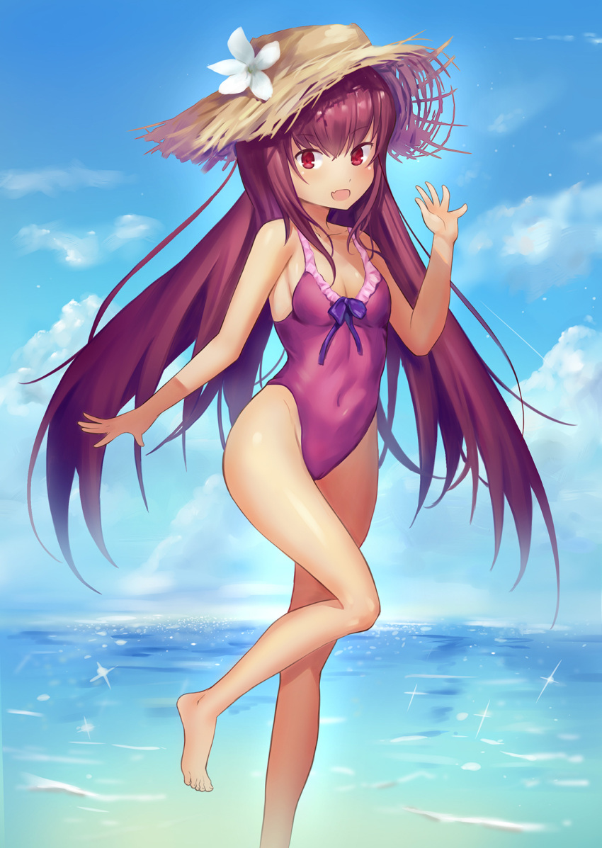 1girl barefoot casual_one-piece_swimsuit fate/grand_order fate_(series) frilled_swimsuit frills hat highres long_hair looking_at_viewer navel one-piece_swimsuit pink_swimsuit purple_hair red_eyes scathach_(fate/grand_order) solo standing standing_on_one_leg sun_hat swimsuit waving yahiro_(666131415) younger