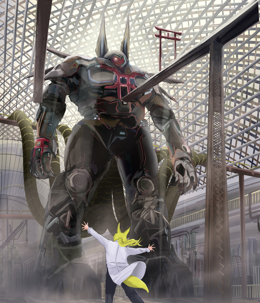1boy absurdres animal_ears black_pants blonde_hair cable commentary_request crane doitsuken fox_boy fox_ears fox_tail from_behind hangar highres mecha original outstretched_arms pants pillar robot scientist spread_arms tail torii white_coat yellow_fur