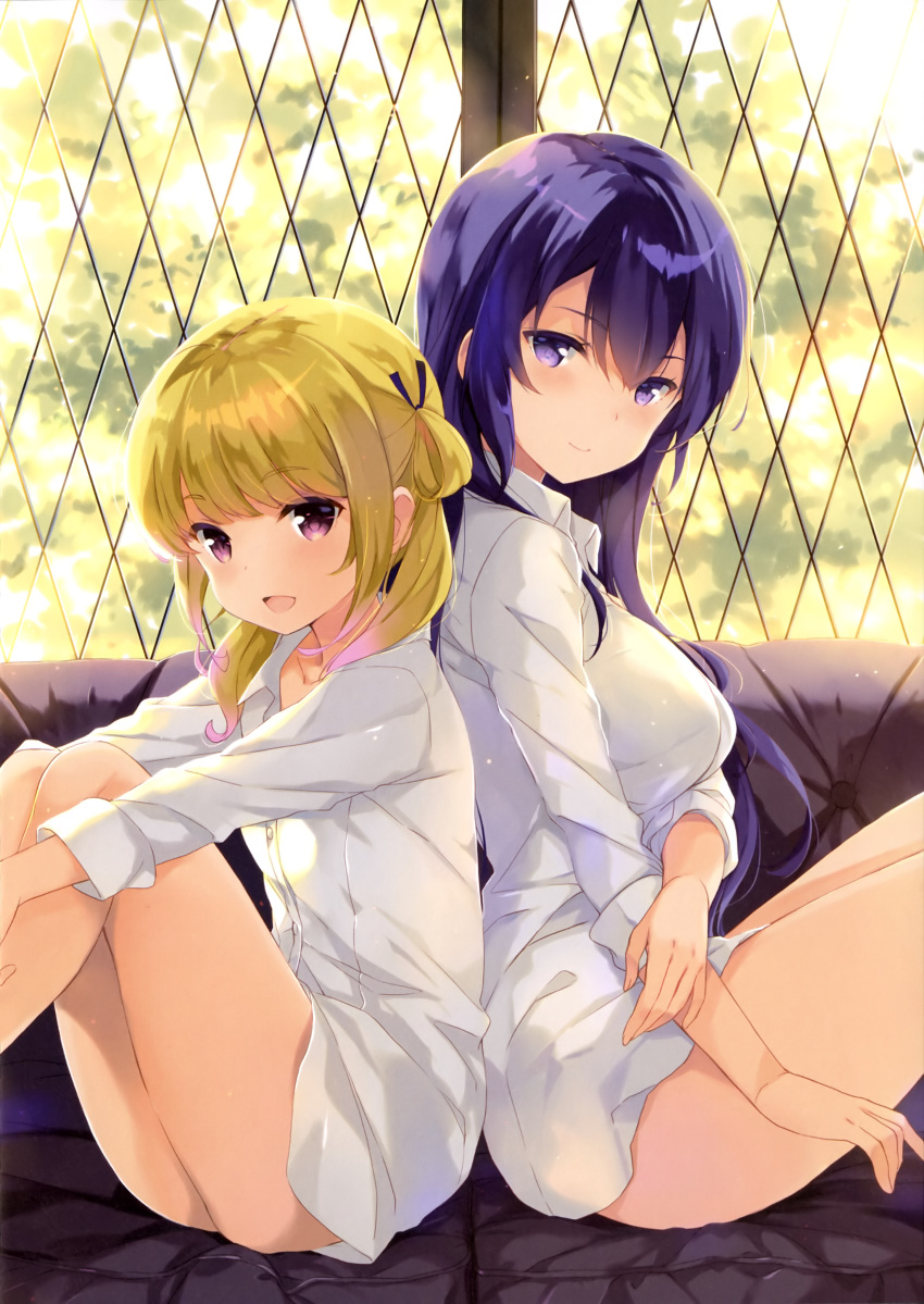 2girls :d absurdres back-to-back bangs bare_legs black_ribbon blonde_hair blunt_bangs breasts buttons closed_mouth collarbone collared_shirt day dress_shirt eyebrows_visible_through_hair fingernails from_side girlish_number gradient gradient_hair hair_between_eyes hair_ornament hair_ribbon highres indoors knees_up large_breasts long_fingernails long_hair long_sleeves looking_at_viewer multicolored_hair multiple_girls naked_shirt ohara_tometa open_mouth pink_hair purple_hair ribbon scan shibasaki_kazuha shirt sidelocks sitting sleeves_past_elbows sleeves_rolled_up smile sonou_momoka two_side_up violet_eyes white_shirt window