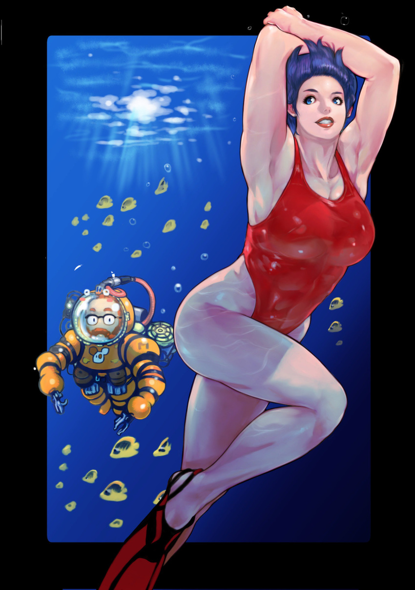 1boy 1girl abs absurdres beard commentary_request diving_suit facial_hair fish flippers glasses highres muscle muscular_female one-piece_swimsuit orange_hair original short_hair smile swimsuit underwater vigwer