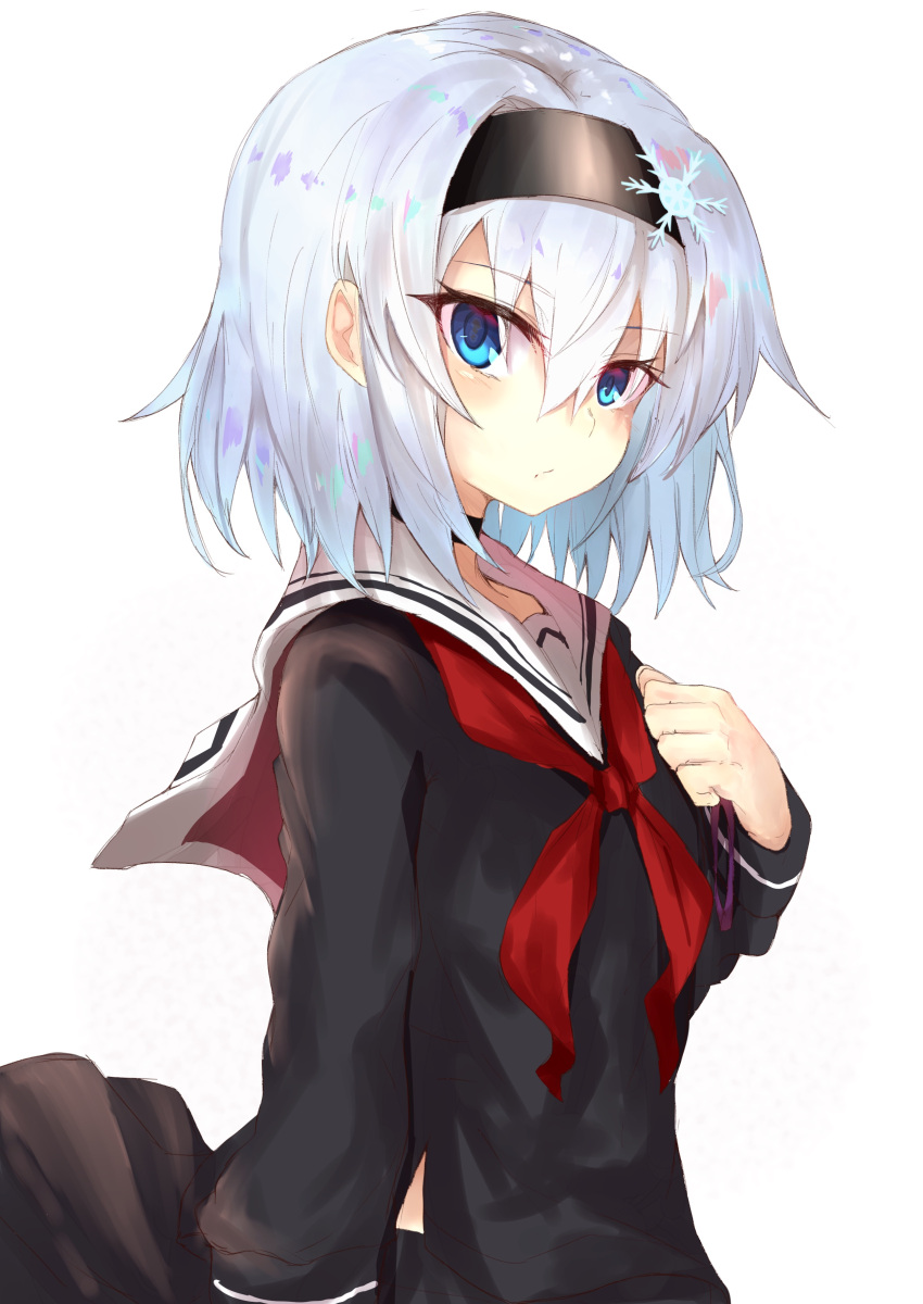 1girl absurdres bangs blue_eyes blue_hair closed_mouth eyebrows_visible_through_hair from_side hair_between_eyes hairband hand_on_own_chest highres long_sleeves looking_at_viewer neckerchief ranf red_neckerchief ryuuou_no_oshigoto! school_uniform serafuku short_hair silver_hair solo sora_ginko upper_body white_background