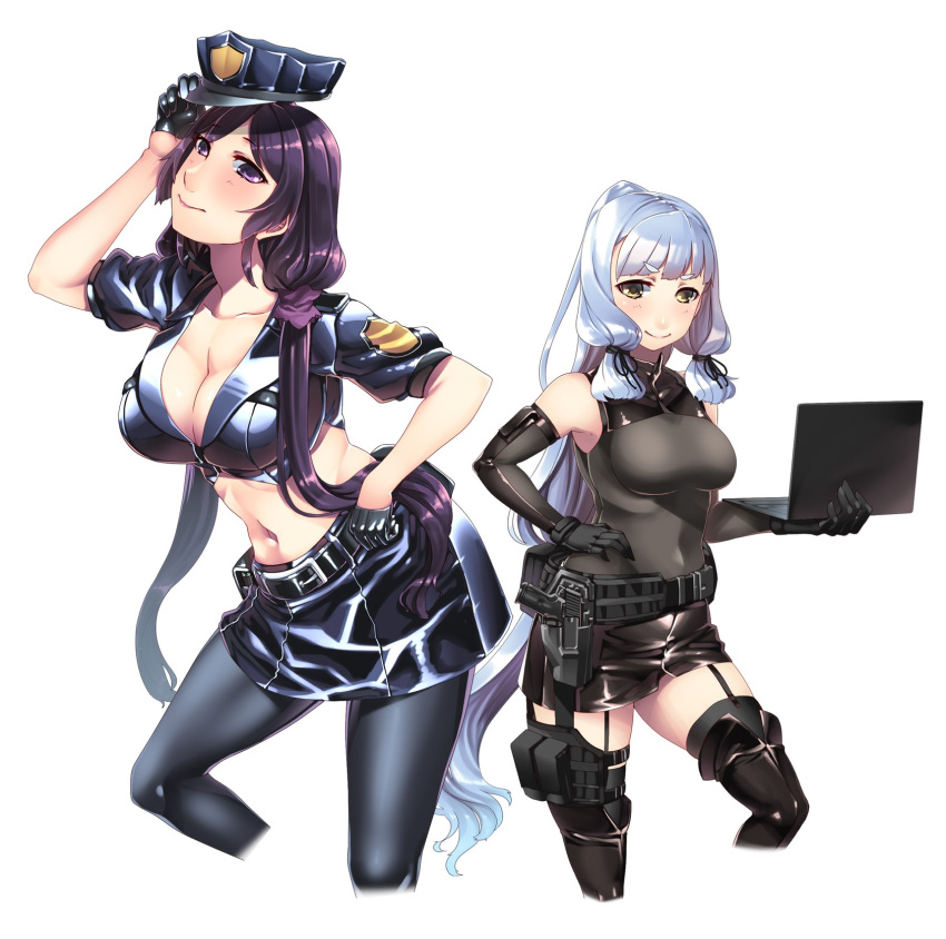 10s 2girls alternate_costume blue_eyes blue_hair boots computer female_admiral_(kantai_collection) garter_straps gloves gun hiememiko highres kantai_collection laptop multiple_girls murakumo_(kantai_collection) police police_uniform policewoman purple_hair skirt thigh-highs uniform violet_eyes weapon