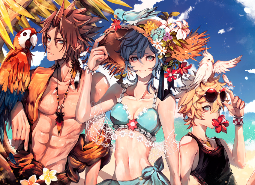 1girl 2boys aqua_(kingdom_hearts) beach bikini bird blonde_hair blue_hair breasts brown_hair cleavage cockatoo flower hat hat_flower kingdom_hearts kingdom_hearts_birth_by_sleep kvover_(applebloom) looking_at_viewer multiple_boys navel palm_tree parrot spiky_hair stomach straw_hat sunglasses sunglasses_on_head swimsuit terra_(kingdom_hearts) tree ventus